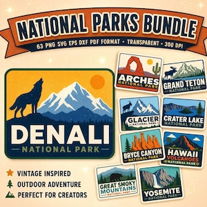 May include: A digital graphic bundle titled NATIONAL PARKS BUNDLE featuring various rectangular illustrations of national parks including Denali, Arches, Grand Teton, Glacier, Crater Lake, Bryce Canyon, Hawaii Volcanoes, Great Smoky Mountains, and Yosemite.