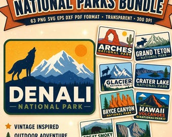 Retro National Park Signs SVG, Vintage Travel Decal PNG, Park Poster Clipart, Fridge Magnet Design, Rustic Cabin Wall Art, Junk Journal Pack