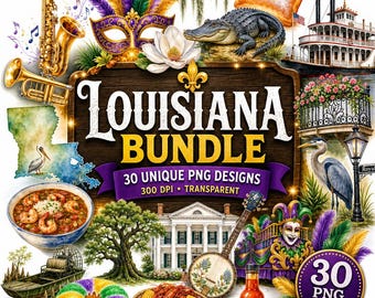 Watercolor Louisiana Clipart Bundle, 30 PNG Mardi Gras Alligator Pelican, New Orleans Sublimation, Jazz Cajun Gumbo Crawfish Bayou Art