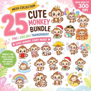 Puede incluir: Una colección digital de 25 ilustraciones de monos lindos con varios temas, incluyendo monos con globos, regalos, paraguas, arcoíris y durmiendo en una luna, con el texto 25 CUTE MONKEY BUNDLE y MEGA COLLECTION mostrado.