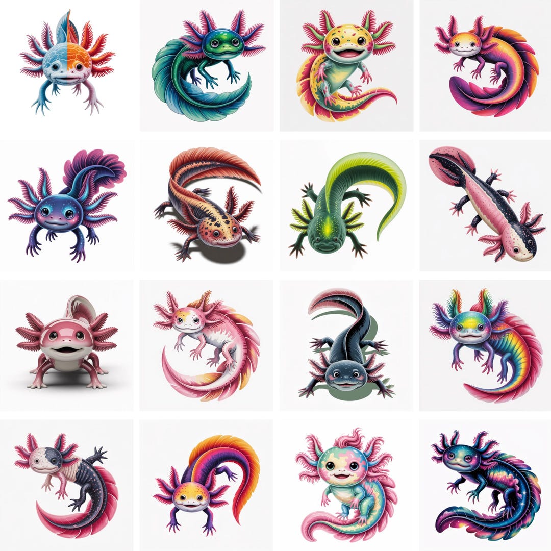 Watercolor Axolotl Clipart Bundle PNG, Cute Salamander, Rainbow Animal ...