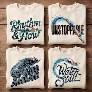 May include: Four cream-colored sweatshirts with swimming-themed graphics. One says "Rhythm & Flow" with a swimmer. Another says "Unstoppable" with a diver. The third says "Speed Ahead" with a swimmer. The last says "Water Soul" with a swimmer.