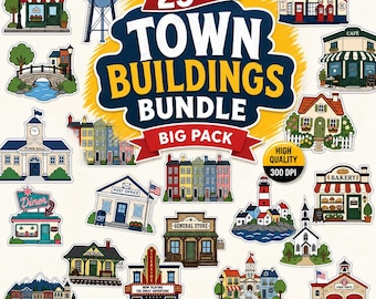 Small Town Buildings Bundle SVG, Storefront Clipart, Main Street Shops PNG, Bakery Diner Church, Cricut Sublimation, Digital Download Pack