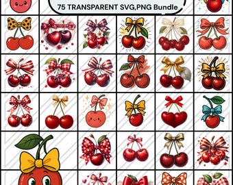 Kers met strik SVG en png, kers met strik clipartbundel, kers strik png, clipart coquette, kers met strik clipart, roze strik clipart