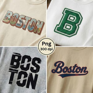 May include: Four t-shirts with Boston-themed designs. One shirt has a colorful Boston cityscape design, another features a green letter "B", a third has a distressed "BOSTON" graphic, and the last has a cursive "Boston" design.