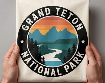 Insignia de Grand Teton en formato PNG y SVG, parche de parque nacional en formato PNG, SVG redondo para senderismo, insignia retro de parque, SVG de parche de Wyoming, insignia para actividades al aire libre en formato PNG, SVG para acampar