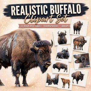 May include: A digital collection titled REALISTIC BUFFALO Clipart Set featuring 25 high-res transparent PNG files. The display shows various images of brown buffalo in different poses, including standing, lying down, and a calf with an adult.