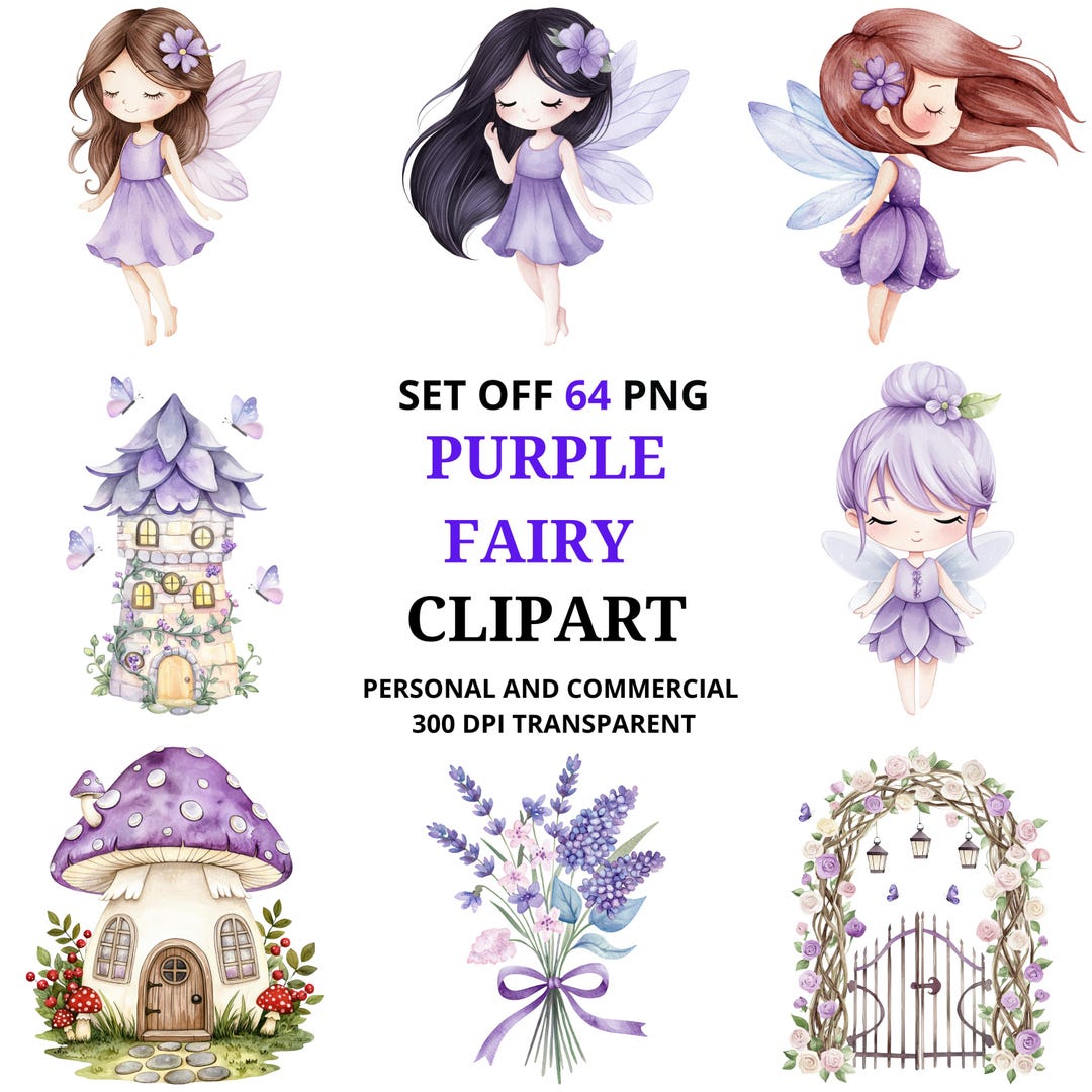 Purple Fairy Png Clipart Bundle | Watercolor Fairy Illustrations ...