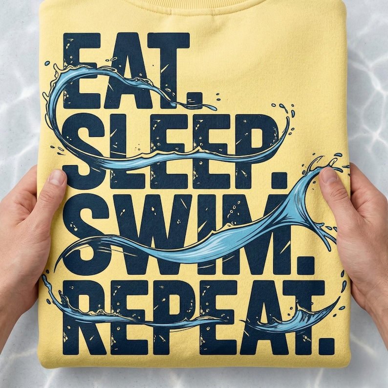 Może przedstawiać: Ż&oacute;łta bluza z granatowym napisem "EAT. SLEEP. SWIM. REPEAT.". Niebieskie grafiki z rozpryskami wody dodają dynamiki i atrakcyjności wizualnej.