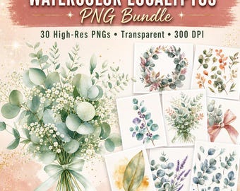 Eucalyptus Clipart PNG Bundle, Watercolor Greenery Png, Wedding Botanical Art, Wreath Bouquet Design, Foliage Invitation, Instant Download