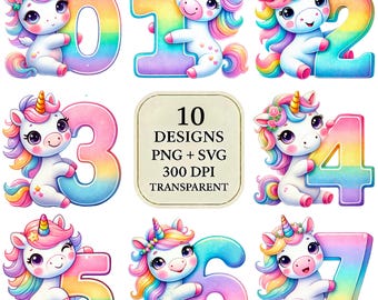 Unicorn Birthday Number PNG & SVG Clipart Set • Pastel Rainbow Kids Art • Cute Magical Characters • Digital Download