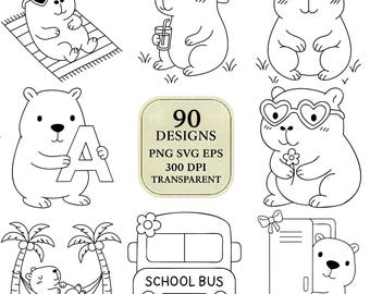 Capybara Clipart Bundle PNG, SVG, EPS | Cute Capybara Coloring, Kawaii Line Art, Kids Crafts, School Clipart, Summer Beach Animals.