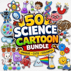 Può includere: Una grafica digitale con il testo 50 SCIENCE CARTOON BUNDLE circondato da illustrazioni colorate di un robot, una lente d'ingrandimento, un becher, uno scienziato, un filamento di DNA, un magnete, un cervello, un fossile, occhiali e sole.