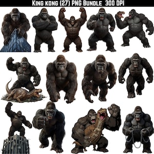 Może przedstawiać: Zbiór cyfrowych ilustracji przedstawiających King Konga w różnych pozach. Obrazy przedstawiają gigantyczną małpę w różnych pozach akcji, ze szczegółowymi teksturami futra i umięśnionymi sylwetkami. Niektóre obrazy zawierają inne stworzenia i struktury.