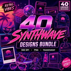 May include: A digital graphic bundle featuring 40 synthwave designs with neon pink and purple aesthetics. Elements include a disco ball, roller skates, a cube, a jacket, a boombox, a microphone, a lava lamp, and retro gaming consoles on a grid.