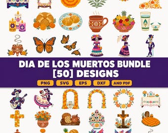 死者の日SVGバンドル、死者の日クリップアートPNG、メキシコ民芸昇華プリント、ラ・カトリーナ・マリーゴールド・オフレンダ祭壇クリカットカットファイル