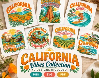 California Svg Bundle, Golden State Png, California Sticker Svg, Retro California Png, West Coast Svg, California Poppy Png, Road Trip, Surf