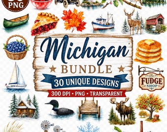 Watercolor Michigan Clipart Bundle, 30 PNG Great Lakes Lighthouse Cherry, Mitten State Sublimation, Mackinac Fudge Loon Moose Cabin Art