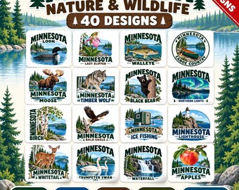 Minnesota Svg Bundle, Minnesota State Png, Minnesota Clipart, Lake Life Svg, North Shore Png, Loon Bird Svg, Cabin Sticker Png, Walleye Svg