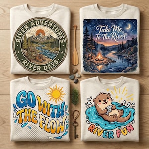 River Adventure Png Bundle | Take Me To The River | Go With The Flow Groovy | Cute Otter River Fun | Camping Hiking | Transparent Design