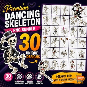 Pacote de imagens PNG de esqueletos dançantes, desenho animado engraçado de esqueleto para o Halloween, sublimação de ossos assustadores, arte para festa com caveira e música do Dia dos Mortos.