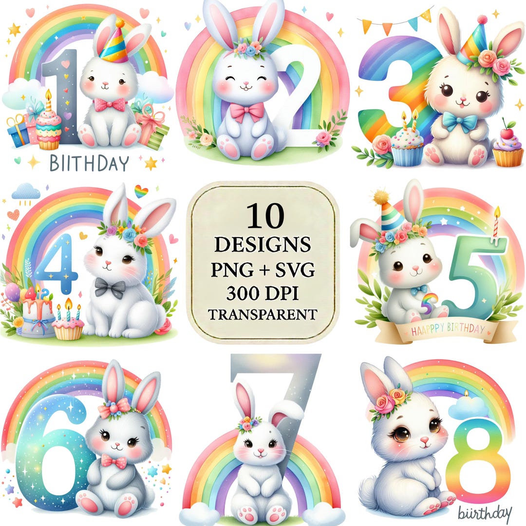 Bunny Birthday Number PNG and SVG Clipart • Rainbow Pastel Kids • Cute ...