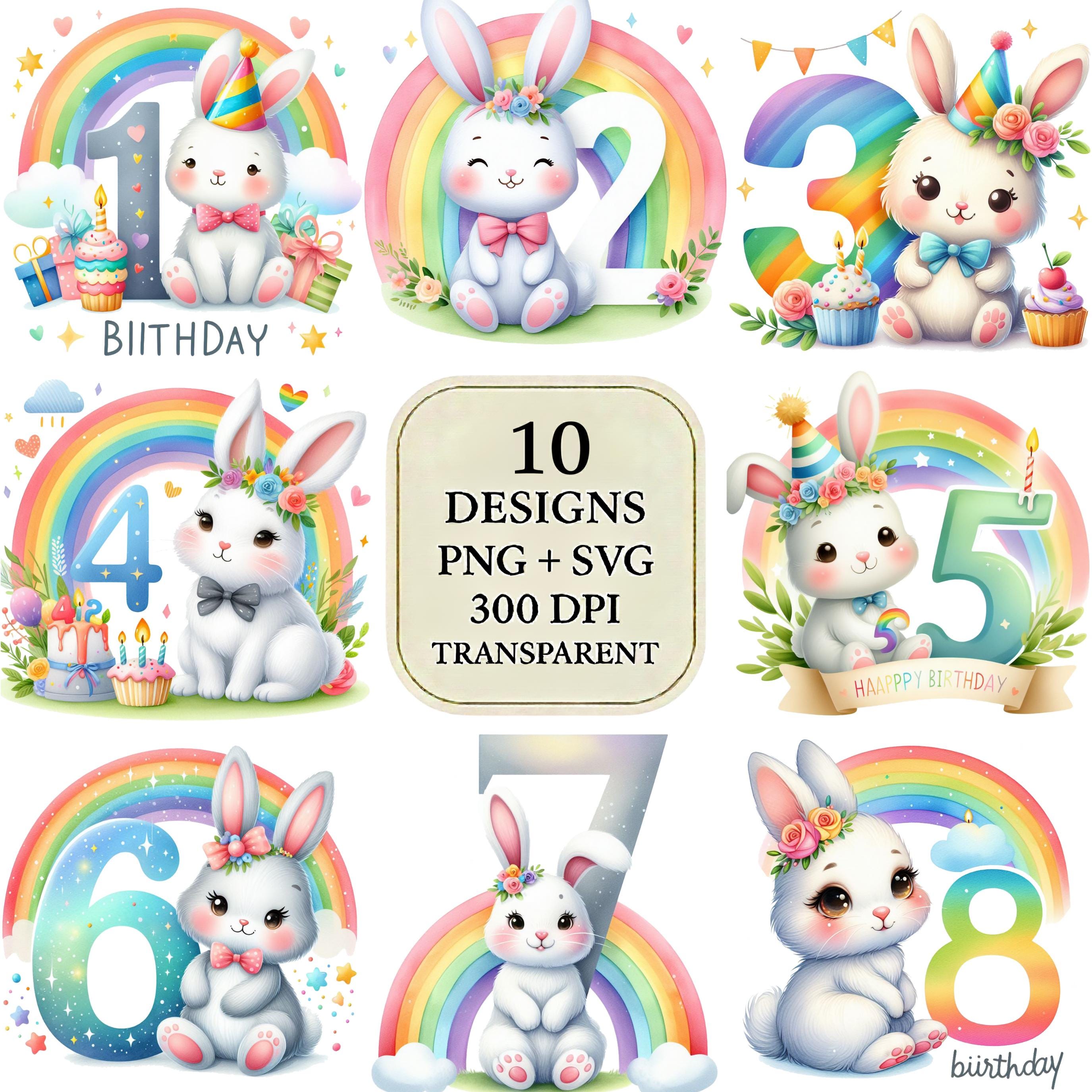 Numbers Rabbit Theme Bunny Birthday Number PNG and SVG Clipart • Rainbow Pastel Kids • Cute ...