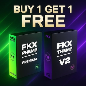 Könnte beinhalten: Zwei schwarze Boxen mit dem Text "FKX THEME" und "FKX PHEME PREMIUM" und "V2" vor einem grünen und lila Farbverlauf. Der Text "BUY 1 GET 1 FREE" steht oben.