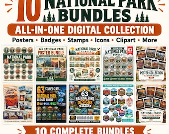 National Parks SVG PNG Bundle, 10 in 1 Digital Collection, Vintage Park Badges, Travel Posters, Stamps, Clipart, Sublimation Designs Files