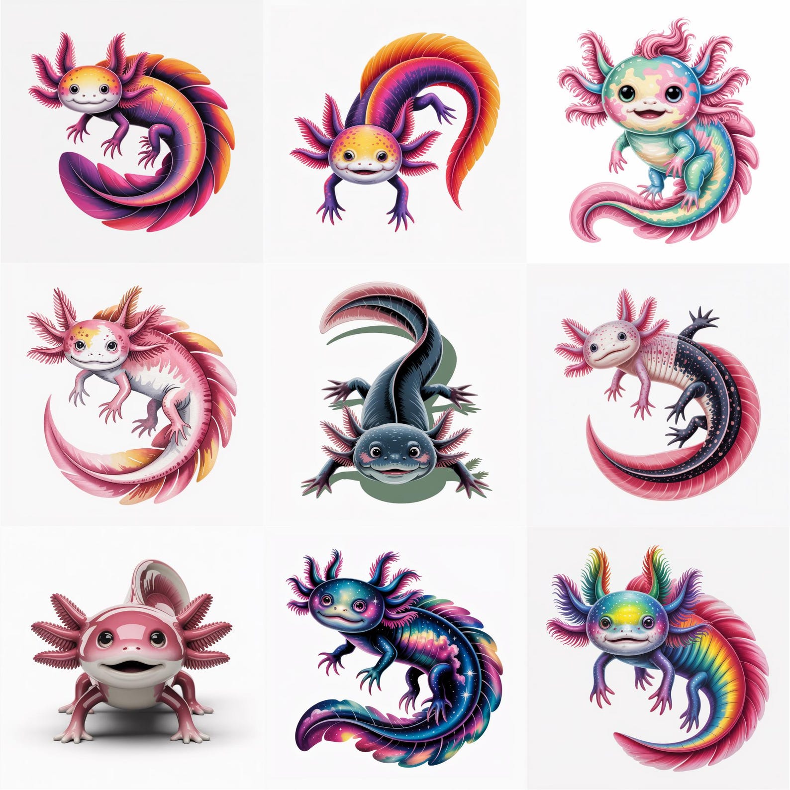 Watercolor Axolotl Clipart Bundle PNG, Cute Salamander, Rainbow Animal ...