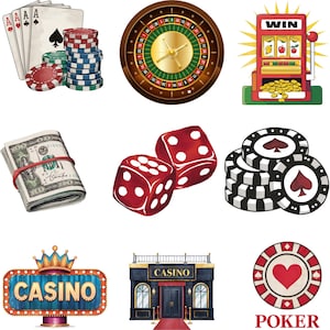 Könnte beinhalten: Eine Sammlung von Illustrationen zum Thema Casino. Enthält Spielkarten, Pokerchips, ein Roulette-Rad, einen Spielautomaten, einen Geldbündel, rote Würfel, ein Casino-Schild und einen Pokerchip mit einem Herz.
