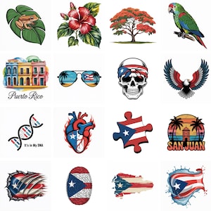 Puede incluir: Una colección de ilustraciones coloridas con temas puertorriqueños. Incluye una rana en una hoja, una flor de hibisco, un árbol, un loro, edificios con el texto "Puerto Rico", gafas de sol, una calavera, un águila, ADN, un corazón, una pieza de rompecabezas y el texto "San Juan".