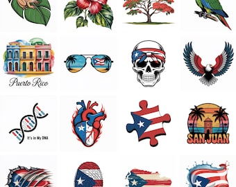 Paquete PNG de Puerto Rico, Rana Coqui Bandera Boricua, Sublimación del Viejo San Juan, Loro Calavera Dominó, Isla del Encanto, Paquete de Diseño 26