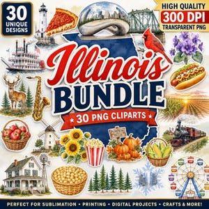 Watercolor Illinois Clipart Bundle, 30 PNG Chicago Skyline Cardinal, Deep Dish Pizza Sublimation, Prairie State Cornfield Sunflower Farm Art