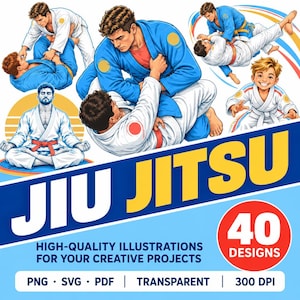 Puede incluir: Una colección de ilustraciones con practicantes en uniformes gi blancos y azules realizando jiu jitsu, combate y meditación sentada. El texto dice JIU JITSU, 40 DESIGNS, HIGH-QUALITY ILLUSTRATIONS FOR YOUR CREATIVE PROJECTS, PNG, SVG, PDF, TRANSPARENT, 300 DPI.