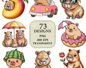 Cute Capybara PNG Bundle | 73 Kawaii Capybara Clipart Transparent Background | Sublimation DTF Cricut Digital Download
