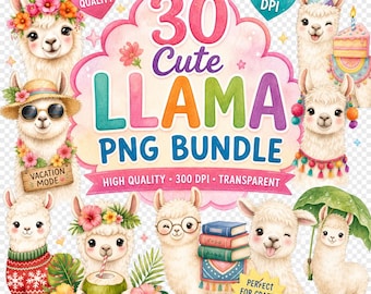 Llama Alpaca Watercolor Clipart PNG Bundle, Cute Floral Nursery Design, Fun Vacation Boho Farm Animal Art, Sublimation Digital Download
