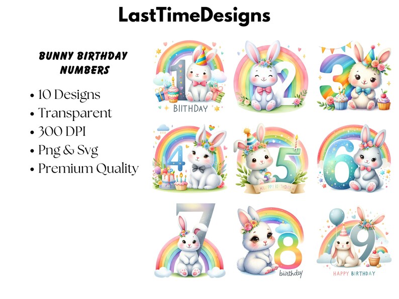 Numbers Rabbit Theme Bunny Birthday Number PNG and SVG Clipart • Rainbow Pastel Kids • Cute ...