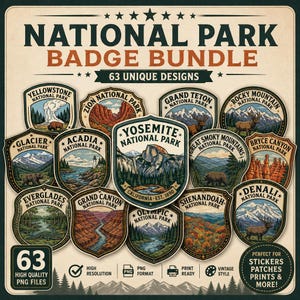 Puede incluir: Un conjunto de 63 diseños de insignias de parques nacionales de estilo vintage. Cada insignia presenta una ilustración única de un parque nacional, como Yosemite y Grand Canyon. La imagen incluye el texto "National Park Badge Bundle".