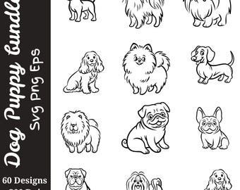 Dog Puppy SVG Bundle | 60 Cute Dogs Png and Eps | Puppies Dog Clipart Cut Files for Cricut Silhouette