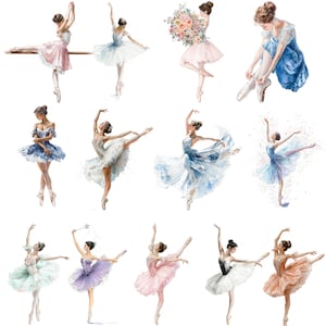 May include: Watercolor illustrations of ballerinas in various poses. The dancers are depicted in flowing tutus and dresses in shades of pink, blue, and white. Some hold flowers or a wand, while others are tying their pointe shoes. The overall theme is ballet and dance.