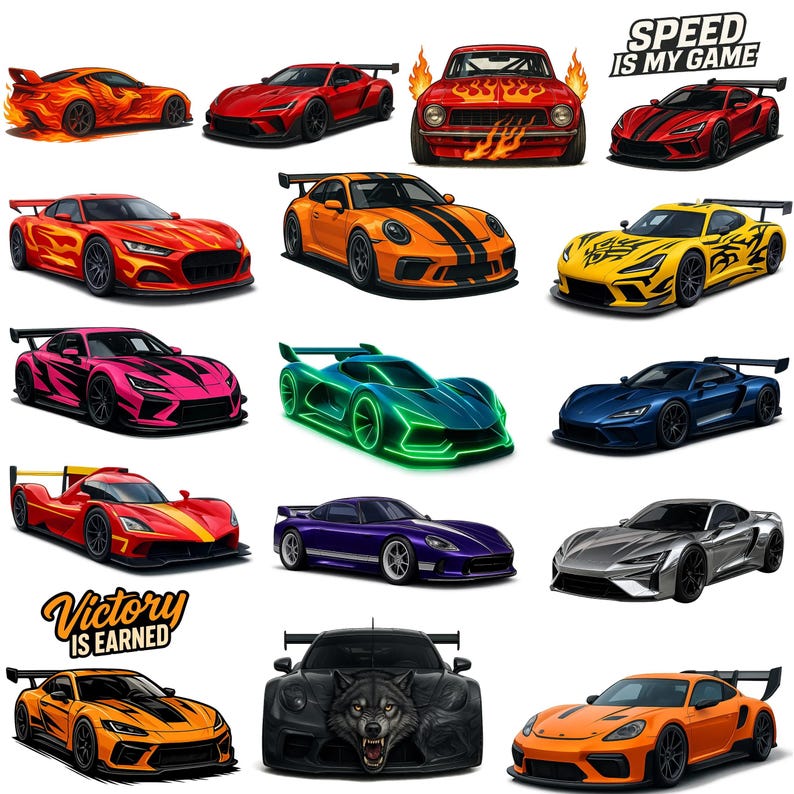 50 high-quality car clipart designs in SVG and PNG formats, featuring racing cars, classic cars, and car stickers. Perfect for t-shirt printing, digital artwork, logos, and custom merchandise. All images come with transparent backgrounds for easy use in various projects. Includes cars PNG bundle, car charms SVG, and race car fonts PNG, making it a versatile pack for DIY crafts and commercial use. Instant download, 300 DPI for professional results.