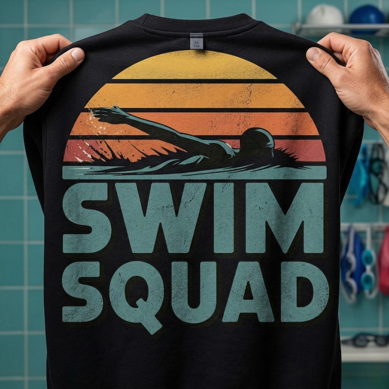Może przedstawiać: Czarna bluza z motywem pływaka na tle zachodu słońca z pomarańczowymi, ż&oacute;łtymi i czerwonymi paskami. Słowa "SWIM SQUAD" są wydrukowane w kolorze turkusowym. Bluza jest trzymana przez dwie ręce.