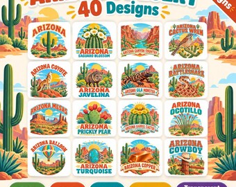 Arizona Svg Bundle, Desert Cactus Png, Arizona State Svg, Saguaro Clipart, Southwest Desert Png, Western Sticker Svg, Roadrunner, Cowboy Png