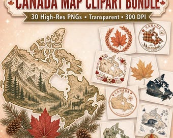 Canada Map Clipart PNG Bundle, Vintage Maple Leaf Png, Wilderness Travel Art, Rustic Cabin Decor, National Pride Design, Instant Download