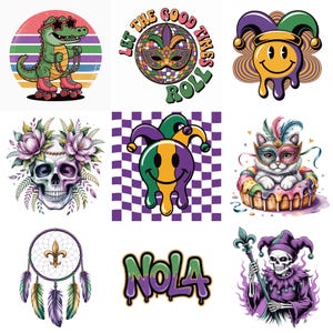 May include: A collection of colorful, whimsical illustrations featuring Mardi Gras and New Orleans themes. Designs include a roller-skating alligator, a melting smiley face, a skull with floral accents, and a cat in a mask.