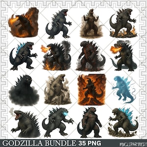 May include: A collection of 16 digital illustrations of Godzilla in various poses and colors, including gray, brown, red, and blue. Some images show Godzilla with flames or smoke effects. The text "GODZILLA BUNDLE 35 PNG" is at the bottom.
