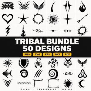 May include: A digital collection of 50 black tribal graphic designs arranged in a grid. The central black banner features the white text TRIBAL BUNDLE 50 DESIGNS with file formats PNG, SVG, EPS, DXF, and PDF listed in yellow boxes below.