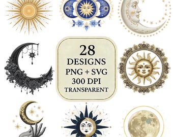 Mystische Sonne & Mond PNG und SVG Clipart Bundle | Himmlische Boho spirituelle Illustrationen | Kosmisches Set | Vintage Astrologie Mond Phasen Kunst