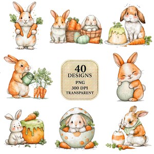 May include: A collection of watercolour illustrations featuring Easter bunnies. The bunnies are depicted with carrots, eggs, and cakes. The image includes the text "40 DESIGNS PNG 300 DPI TRANSPARENT".